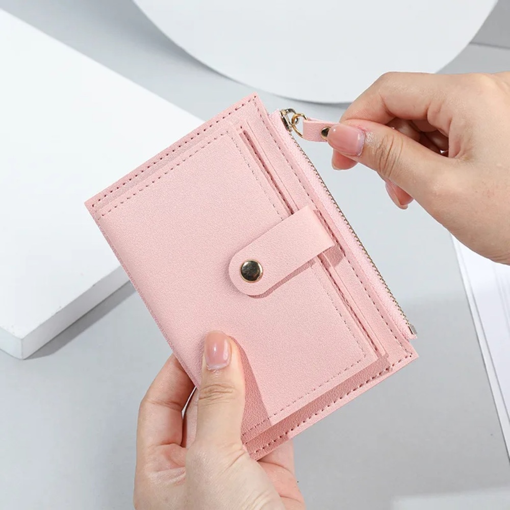 2/$30 Small Pink Wallet Zipper & Button Minimalist Faux Leather